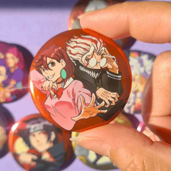 Momo and Okarun Holographic Button Pin - Dan Da Dan